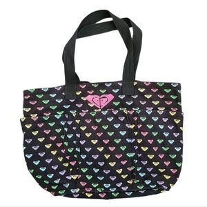 Vintage Roxy Canvas Rainbow Heart Black Tote Bag Y2K Surf Skate Retro Festival